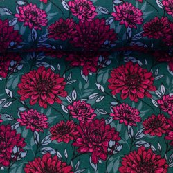 Pink blomster p� petrol bundfarve french terry modal