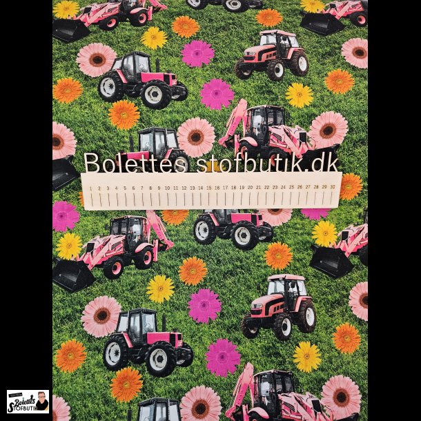 Lyserde traktor og blomster i bomulds jersey