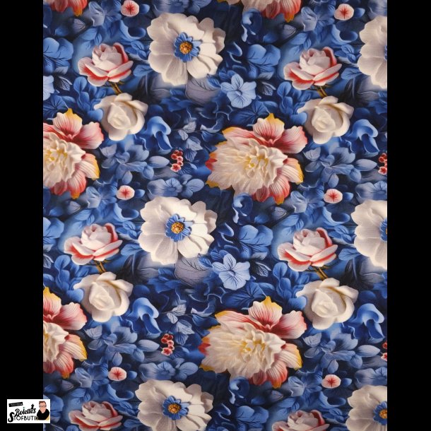 3D blomster hvid/bl viskose jersey